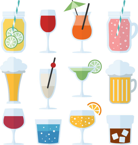 zestaw napojów alkoholowych, wina, piwa i koktajli. izolowane ikony wektorowe, płaska konstrukcja - alcohol stock illustrations