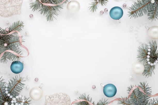 istock Christmas frame, blue pearly balls, fir, white texture 845832120