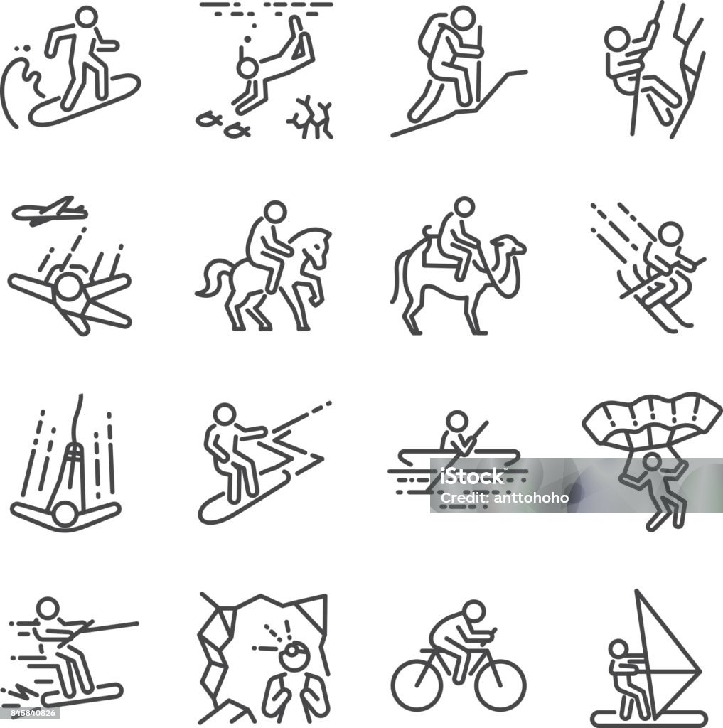 Aktivitäten-Linie-Icon-Set zu reisen. Die Symbole wie Segeln, Skifahren, Fallschirm, Reiten, Mountainbiken, Radfahren und vieles mehr enthalten. - Lizenzfrei Icon Vektorgrafik
