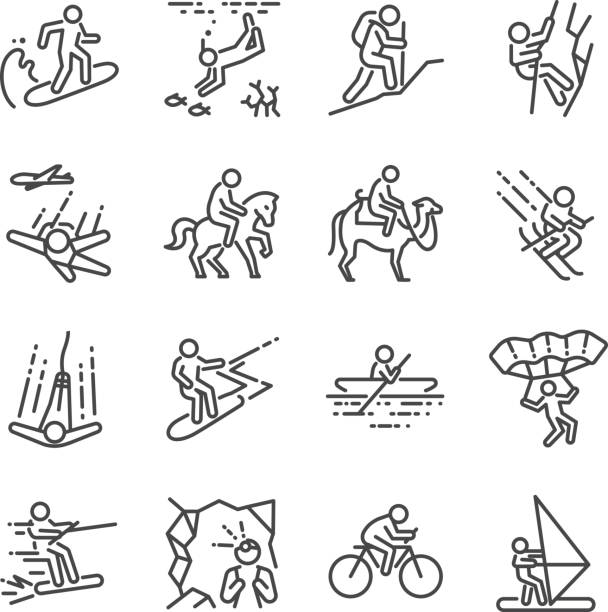 aktivitäten-linie-icon-set zu reisen. die symbole wie segeln, skifahren, fallschirm, reiten, mountainbiken, radfahren und vieles mehr enthalten. - alter weg oder neuer weg stock-grafiken, -clipart, -cartoons und -symbole