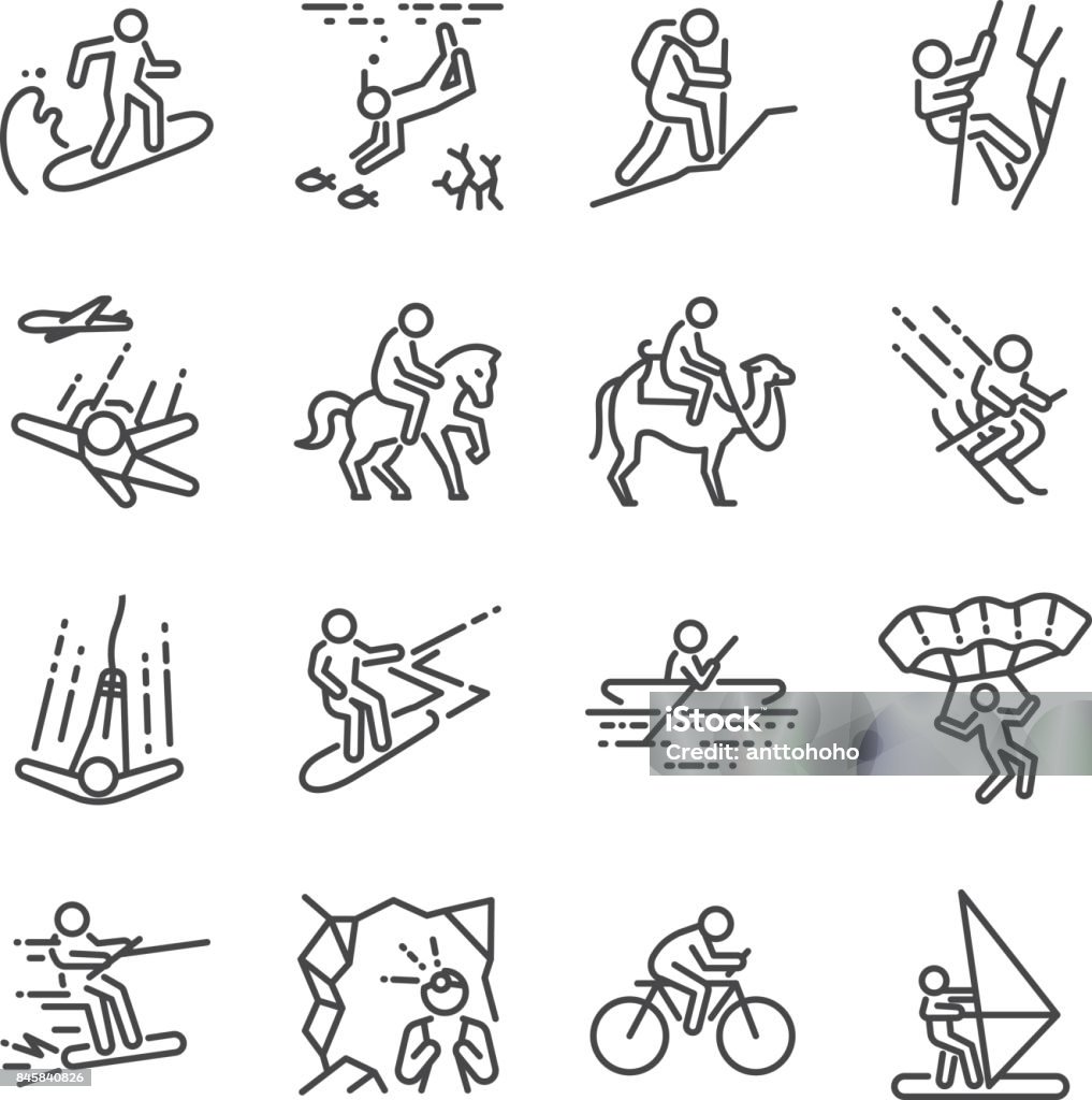 Travel activities line icon set. Included the icons as sailing, skiing, parachute, horse riding, biking, cycling and more. Icon Symbol stock vector