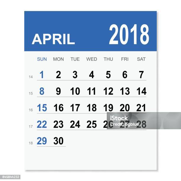 April 2018 Calendar Stock Illustration - Download Image Now - 2018, Adhesive Note, April