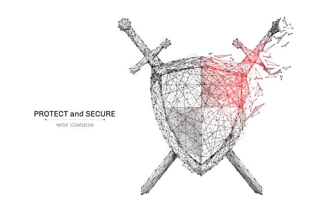shield and swords low poly gray Abstract polygonal Shield and Swords isolated on white background. Low poly wireframe vector illustration. Protect and secure concept digital concept mash line and point with destruct shapes. knights templar symbols stock illustrations