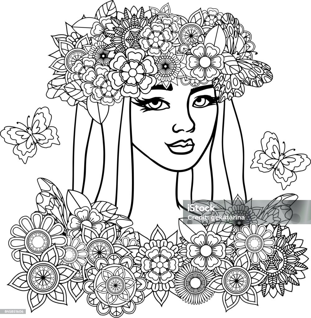 vector black and white illustration of a beautiful woman black and white vector illustration of a beautiful young woman with butterflies and flowers Coloring stock vector