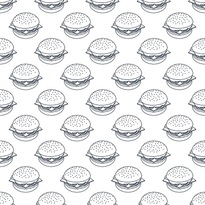 Vector seamless pattern of black outline burgers. Background for banner, packaging, menu.
