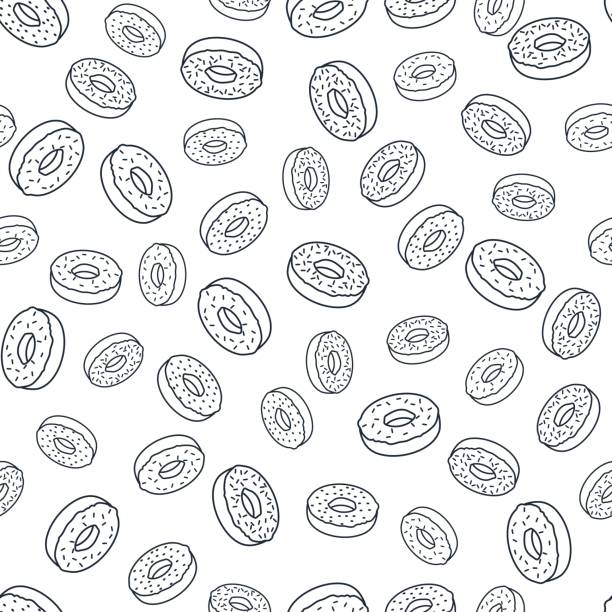 pattern of falling outline donuts Seamless background with a pattern of falling outline donuts in the isometric style, 3d. Design for packaging, banner, poster, menu in the bakery. Vector illustration donut stock illustrations