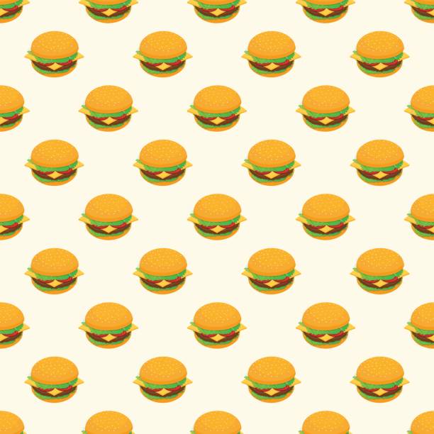 bezszwowy wzór kolorowych hamburgerów - hamburger bun barbecue sign stock illustrations