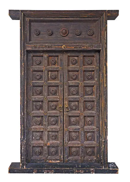 Antique Old chinese wooden door in isolated white background with clipping path