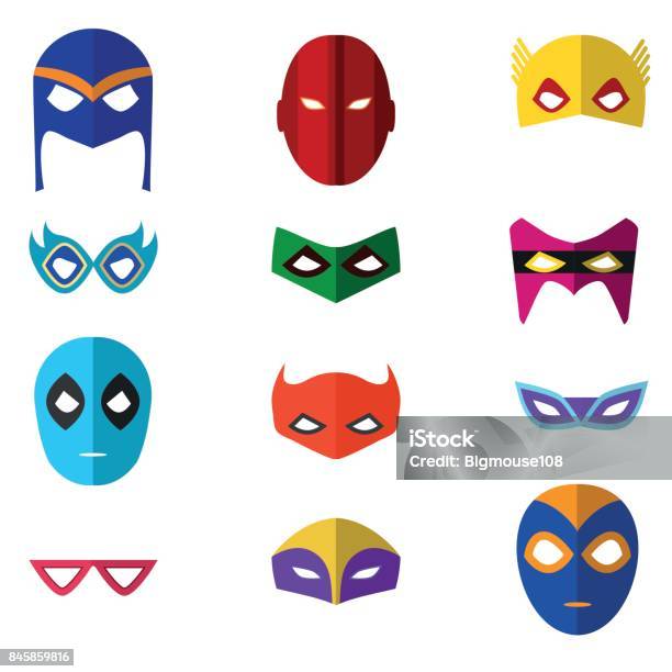 Cartoon Superhero Mask Color Icons Set Vector Stock Illustration - Download Image Now - Superhero, Mask - Disguise, Heroes