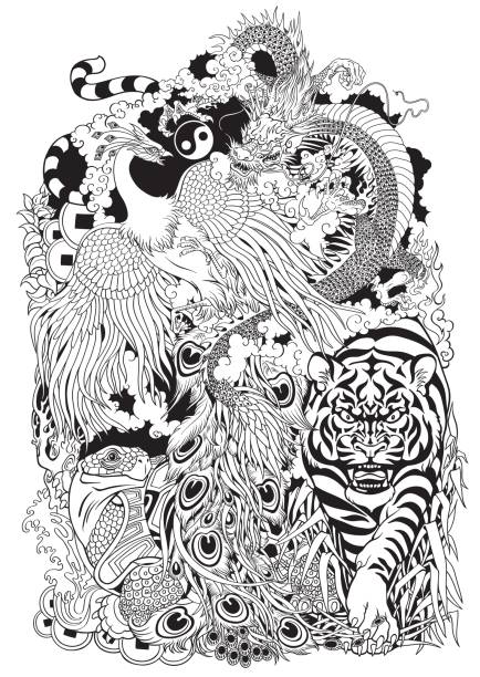 cztery niebiałki czarno-biała ilustracja - four animals illustrations stock illustrations