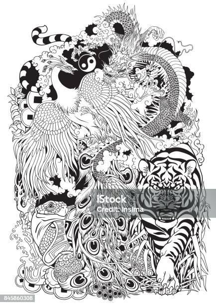 Four Celestial Animals Black And White Illustration Stock Illustration - Download Image Now