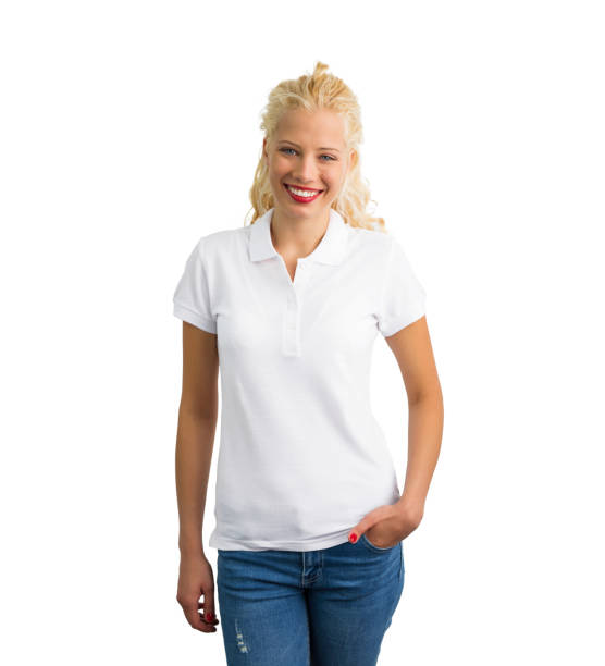 白いポロシャツのモックアップ - women t shirt smiling isolated ストックフォトと画像