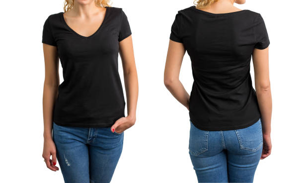 woman in black v-neck t-shirt, front and back - black backgound imagens e fotografias de stock