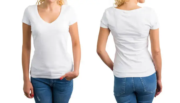 Woman in white V-neck T-shirt, front and back