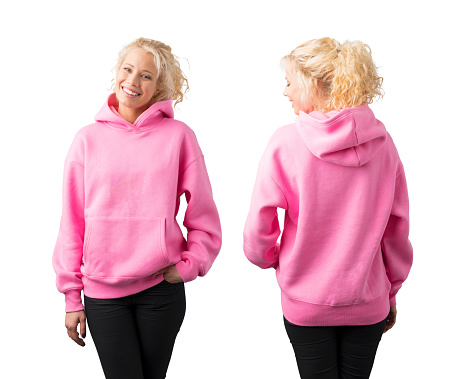 Woman wearing empty pink hoodie, mockup for your own design