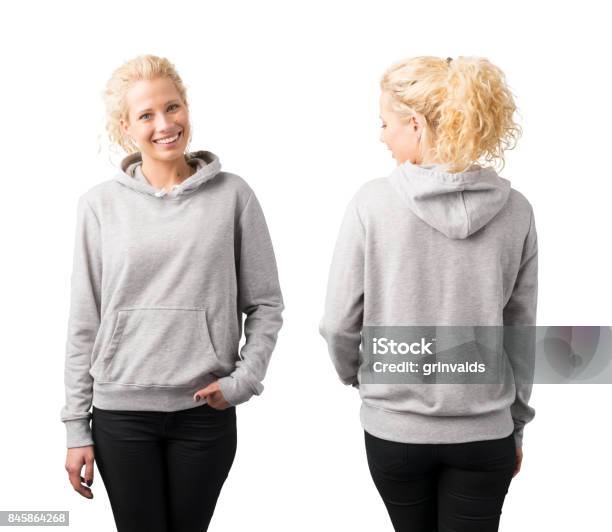 Gray Pullover Hoodie Mockup Stock Photo - Download Image Now - Hooded Shirt, Women, Sweatshirt