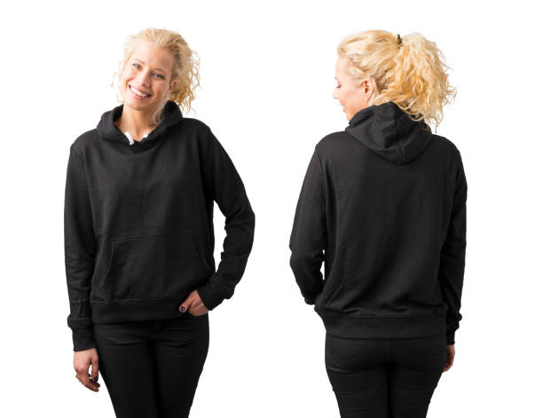 Woman in black blank hoodie on white background Woman in black blank hoodie on white background hooded shirt stock pictures, royalty-free photos & images
