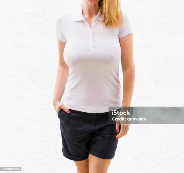 Womans White Polo Shirt Mockup Stock Photo - Download Image Now - Polo, Effortless, One Woman Only