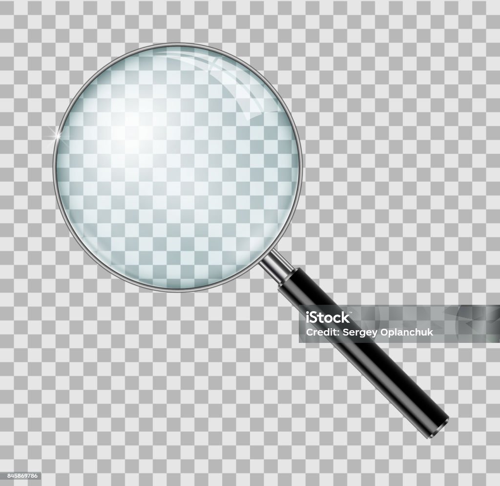 Loupe avec armature en acier isolé. Objectif réaliste en forme de loupe pour zoom sur fond quadrillé. illustration vectorielle - clipart vectoriel de Loupe libre de droits