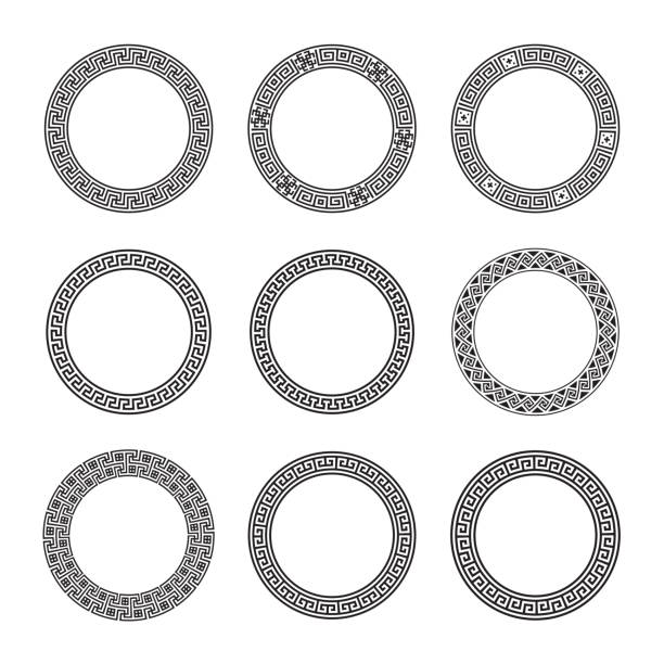 коллекция этнических наборов. античные границы черного цвета на белом фоне. греческие круглые кадры - classical greek stock illustrations