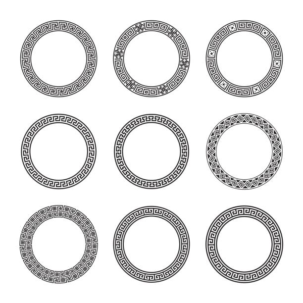 Ethnic set collection. Antique borders in black color on the white background. Greek round frames Ethnic set collection. Antique geometric borders in black color on the white background. Greek round frames. Vector illustration classical greek stock illustrations