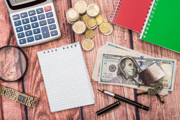 istock padlock with pen, dollar,  coin, clock and calculator 845870726