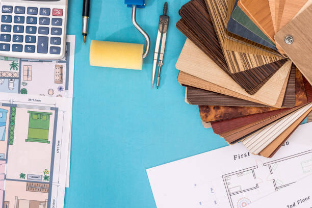 istock house project with wooden sampler, pen, calculator on blue background 845873504