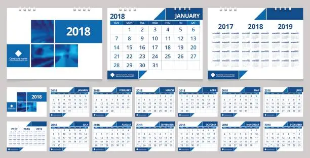 Vector illustration of Calendar 2018 week start on Sunday. Desk calendar for corporate business design blue and white color layout template set 12 months, front cover and back cover. Vector EPS-10 sample image with Gradient Mesh.