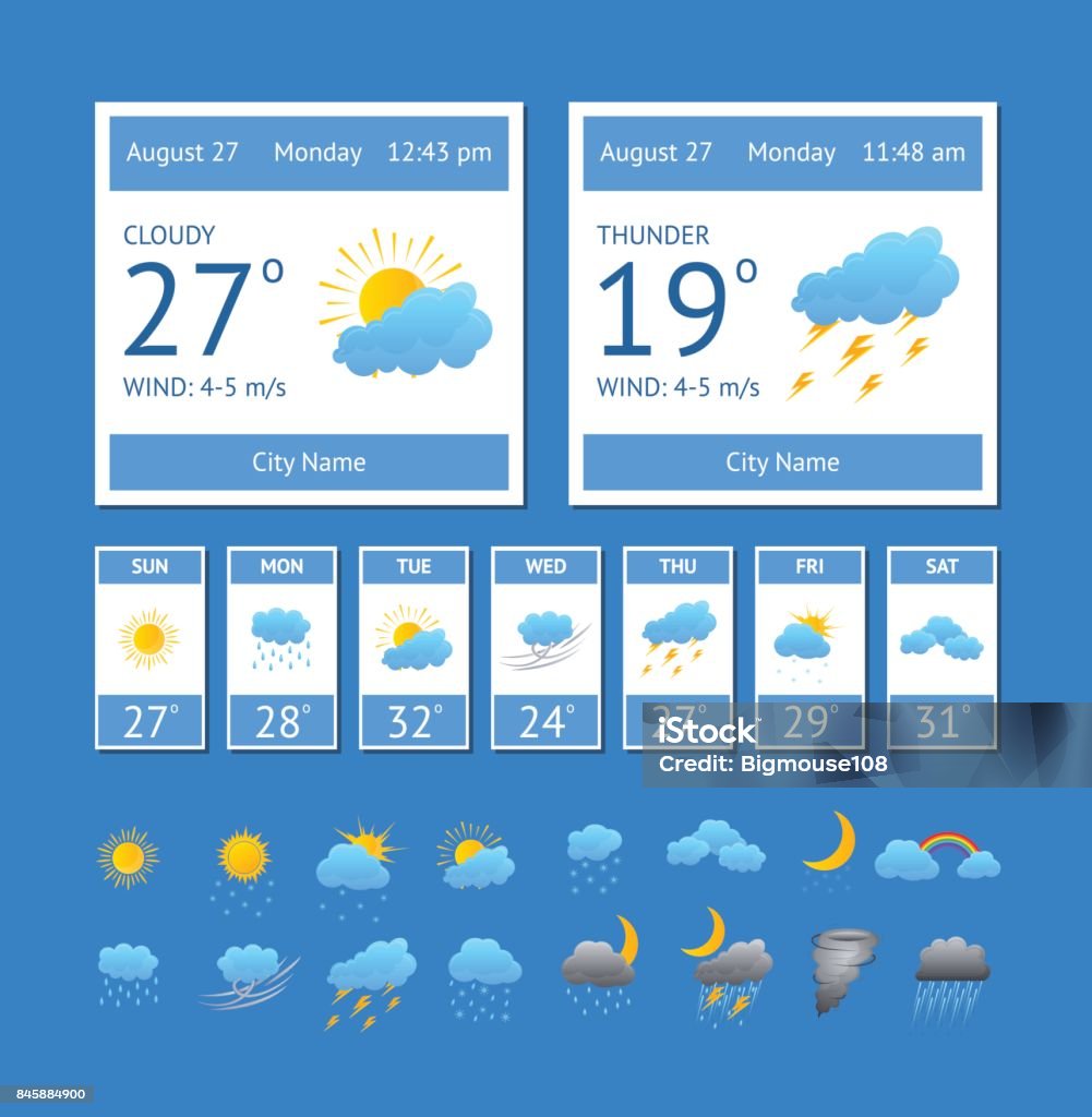 Cartoon Weather Color Element Set. Vector Cartoon Weather Color Element Set Interface Phone or Computer Meteorology Forecast Concept for Web Design Flat Style. Vector illustration Meteorology stock vector