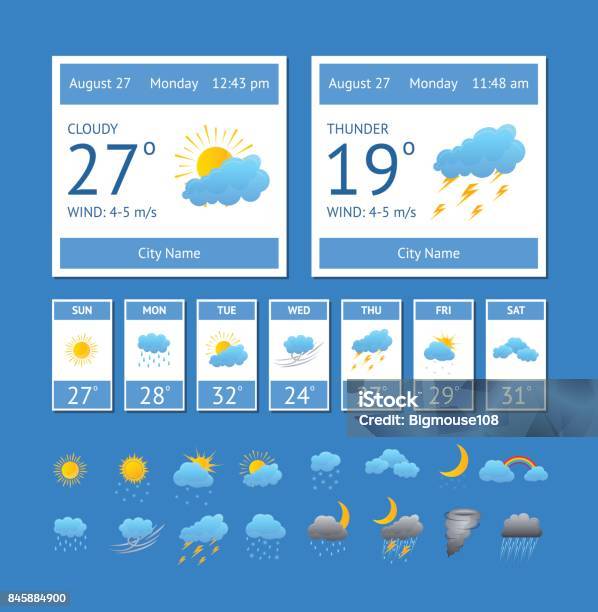 Cartoon Weather Color Element Set Vector Stock Illustration - Download Image Now - Meteorology, Weather, Forecasting