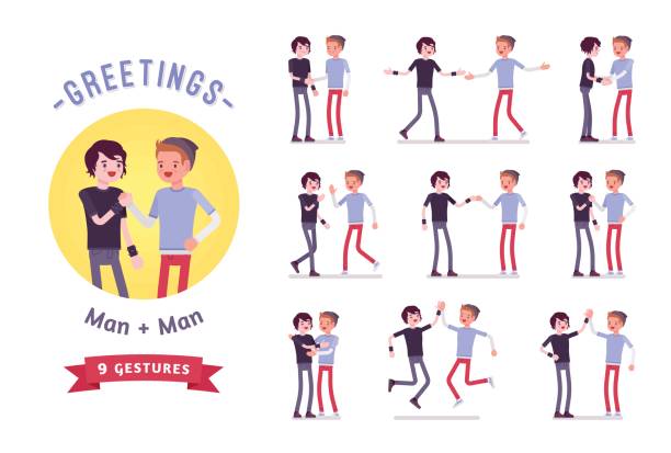 teenager gruß zeichen gesetzt, verschiedene posen und emotionen - greeting teenager handshake men stock-grafiken, -clipart, -cartoons und -symbole