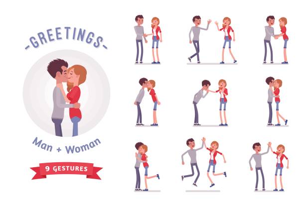 illustrations, cliparts, dessins animés et icônes de jeune homme et femme salutation personnage défini, différentes poses, émotions - bise bonjour