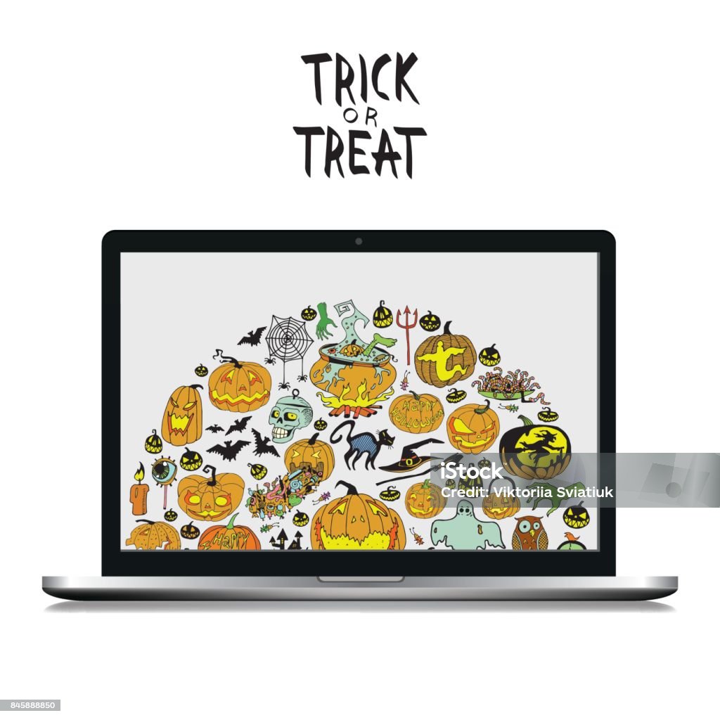 Isolated Laptop with Hand Drawn Doodles on white Background and Text. Illustration With Different Halloween Objects. Autumn stock vector