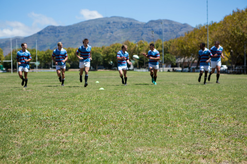 Rugby team playing match at grassy field on sunny day