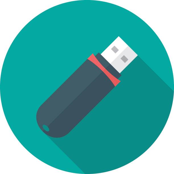 USB flash drive circle icon with long shadow. Flat design style. USB flash drive circle icon with long shadow. Flat design style. USB flash drive simple silhouette. Modern, minimalist, round icon in stylish colors. Web site page and mobile app design vector element. usb stick stock illustrations