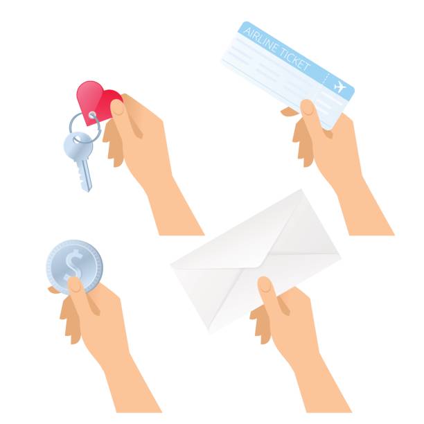 ilustrações, clipart, desenhos animados e ícones de as mãos segure o bilhete de avião, envelope de papel, moeda de um dólar, chave do quarto. - hotel key illustrations