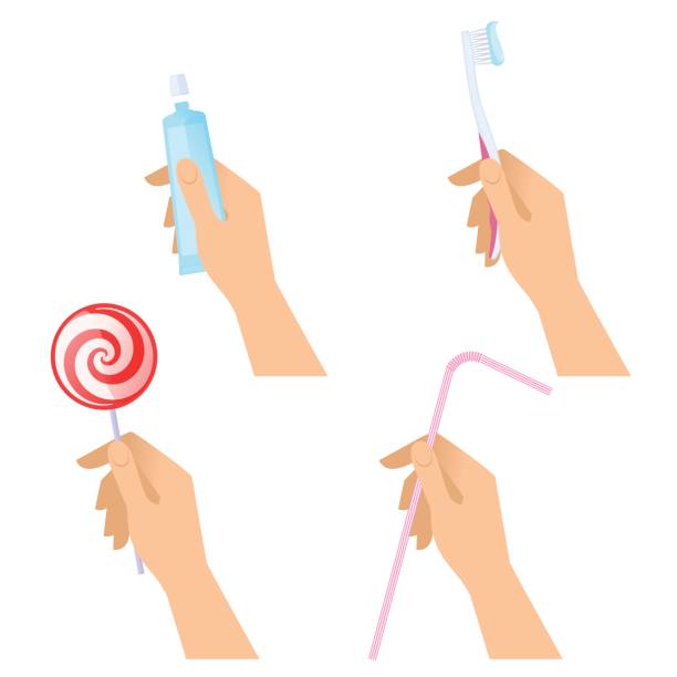 Human hands hold toothbrush, toothpaste tube, lollipop and drinking straw. Human hands hold toothbrush, toothpaste tube, lollipop and drinking straw. Flat illustration of male and female hands with candy, straw and teeth, mouth care and hygiene tools. Vector design elements. hand holding lollipop stock illustrations