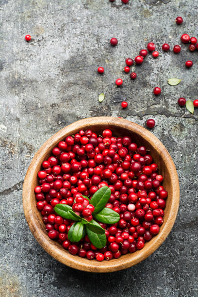 istock Red lingonberry in wooden bowl on rustic surface, top view 845896558