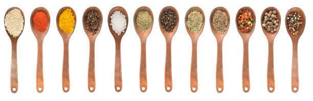 istock Set of spoons with different spices  isolated on white, top view, high resolution 845900040