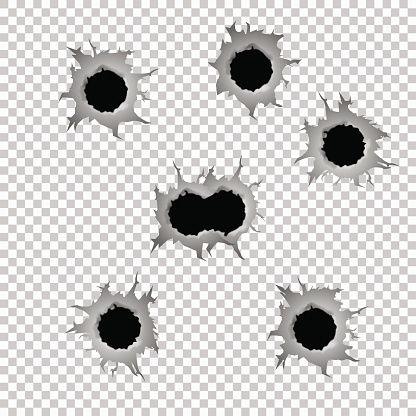Set of seven bullet holes. Isolated on transparent background. Vector illustration, eps 10