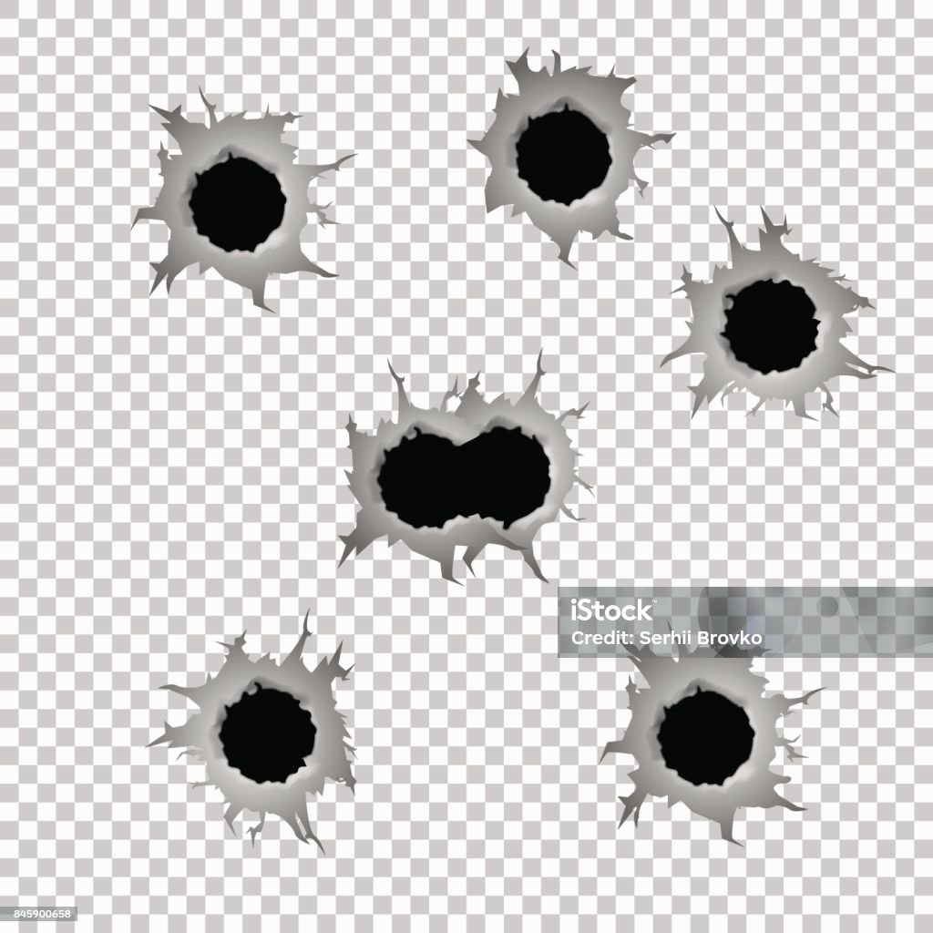 Set of seven bullet holes. Set of seven bullet holes. Isolated on transparent background. Vector illustration, eps 10 Bullet Hole stock vector