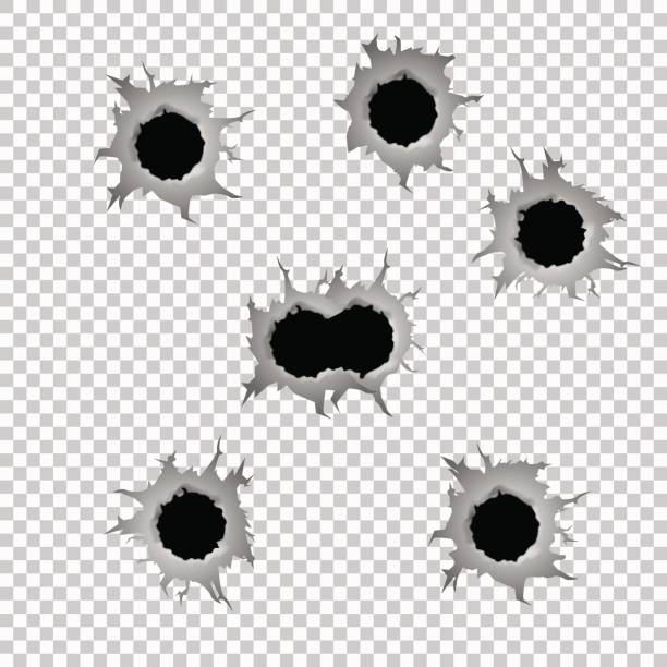 Set of seven bullet holes. Set of seven bullet holes. Isolated on transparent background. Vector illustration, eps 10 shooting stock illustrations