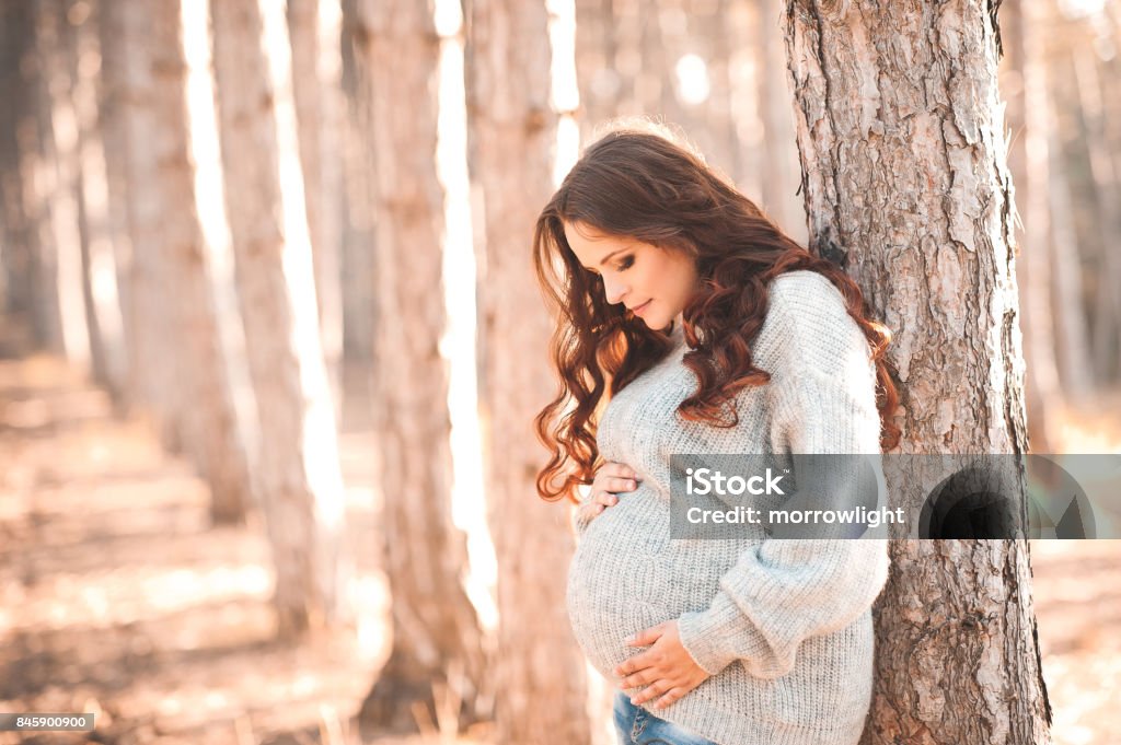 Happy motherhood Smiling stylish pregnant woman 30-34 year old wearing knitted sweater in park. Autumn season. 20-29 Years Stock Photo