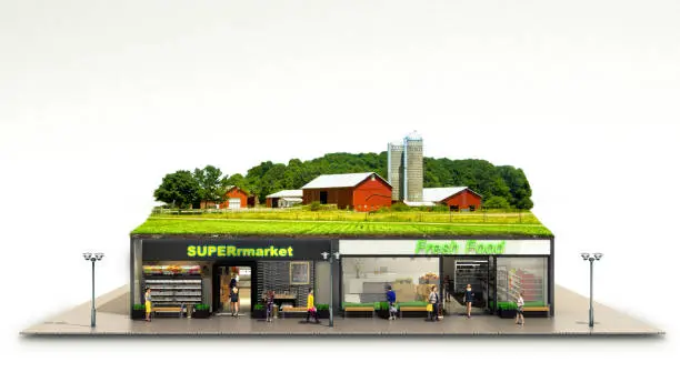 the concept of ecologically pure food showcases grocery supermarkets with a farm on the roof 3d render on white