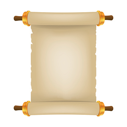 Old scroll with place for text. Parchment realistic. Vintage blank paper scroll isolated on white background. Vector illustration. Eps 10 3d