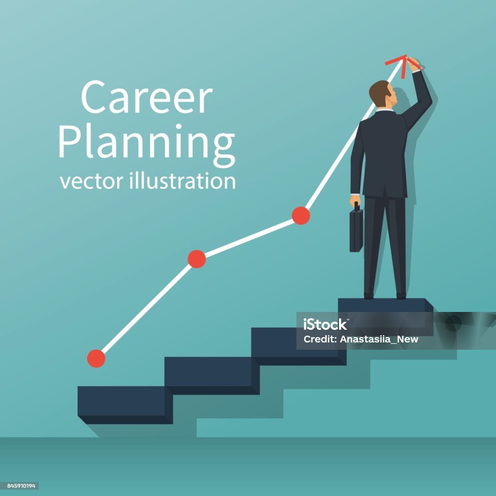 Career planning vector Career planning. Businessman draws graph of growth standing at stairs steps. Concept of career growth. Vector illustration flat design. Isolated on background. Ladder of Success stock vector