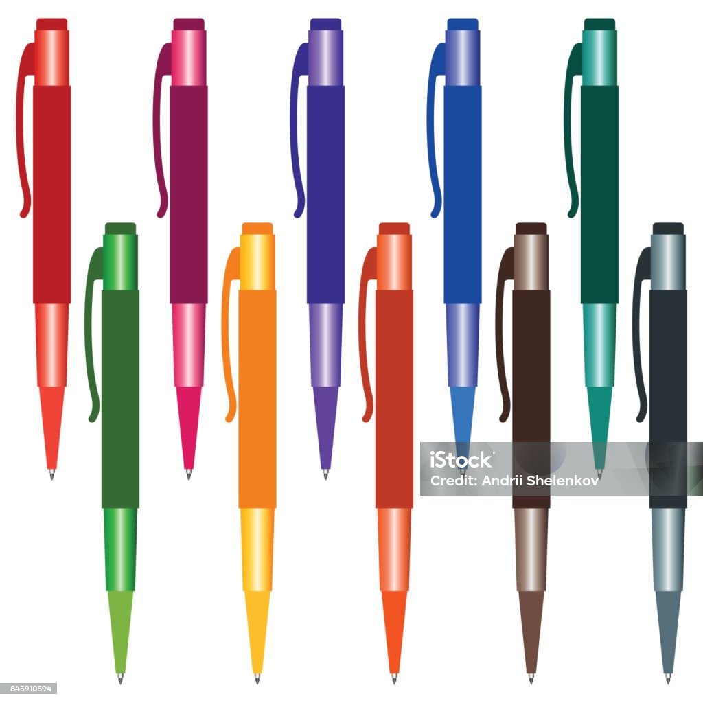 Set Of Multicolored Pens On A White Background Stock Illustration -  Download Image Now - Art, Backgrounds, Beauty - iStock