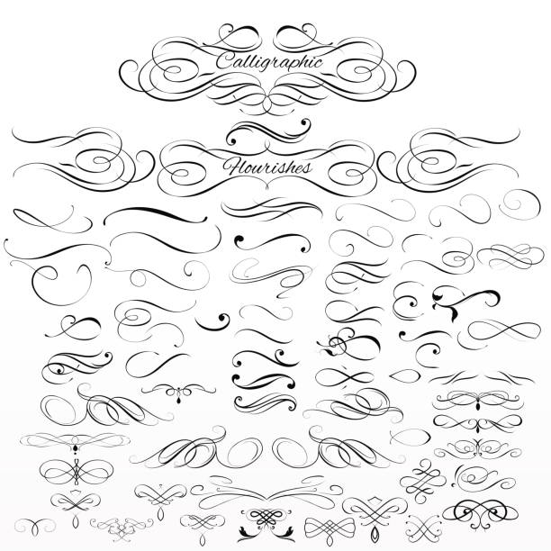 illustrazioni stock, clip art, cartoni animati e icone di tendenza di insieme di elementi calligrafici vettoriali e decorazioni di pagina - swirl floral pattern scroll shape pattern