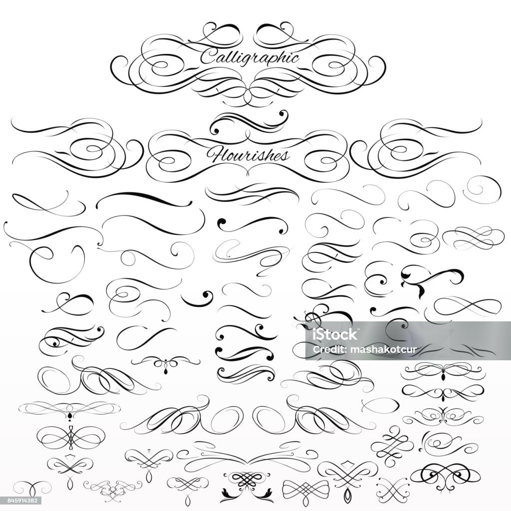 Set of vector calligraphic elements and page decorations Collection or set of vintage styled calligraphic elements or flourishes Flourish - Art stock vector