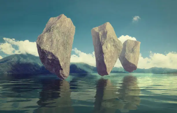 floating rocks in the sky over the lake. 3d combination illustration concept